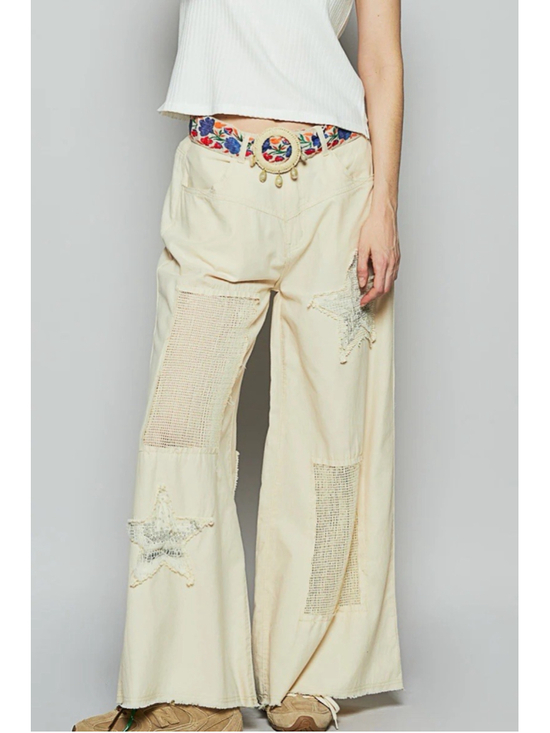 POL Pants - POL Womens Denim & Twill Embroidered Patchwork Wide Leg Pants MED Cream Lace EUC